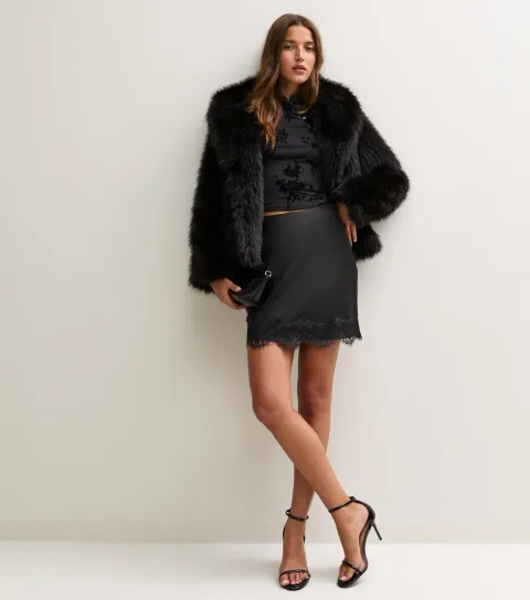 New Look Women's Black Satin Lace Scallop Trim Mini Skirt