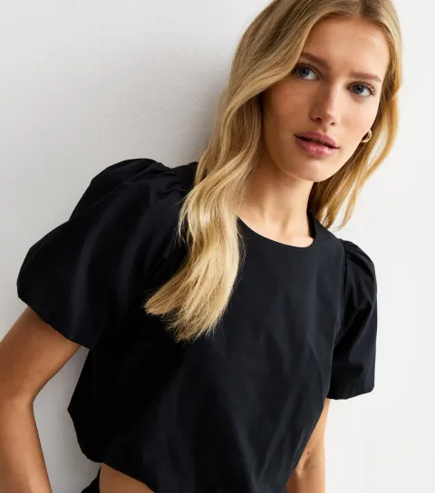 New Look Women's Black Poplin Bubble Hem Crop Top