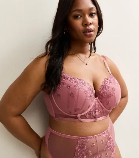 Women's Plus Size Pink Floral Embroidered Lace Plunge Bra Curves