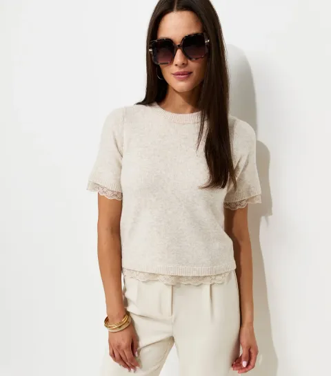 Women's Oatmeal Lace Trim Knit T-Shirt