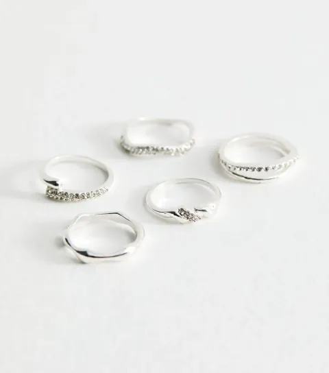 New Look Pack Of 5 Silver Tone Diamante Embellished Ring Stack