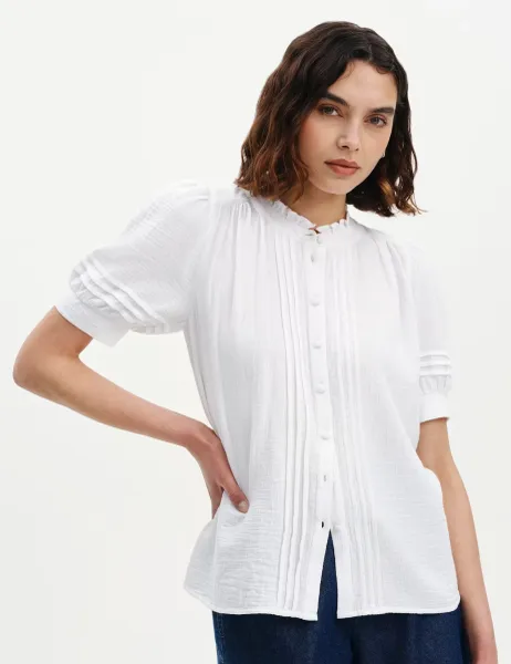 Finery London Pure Cotton High Neck Pintuck Blouse White