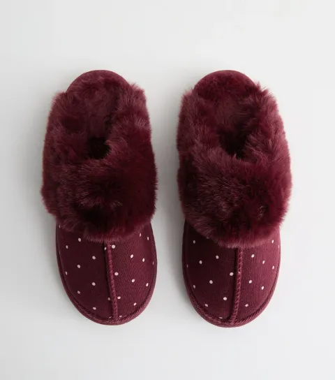 New Look Women's Dark Burgundy Faux Fur Polka Dot Mule Slippers Vegan