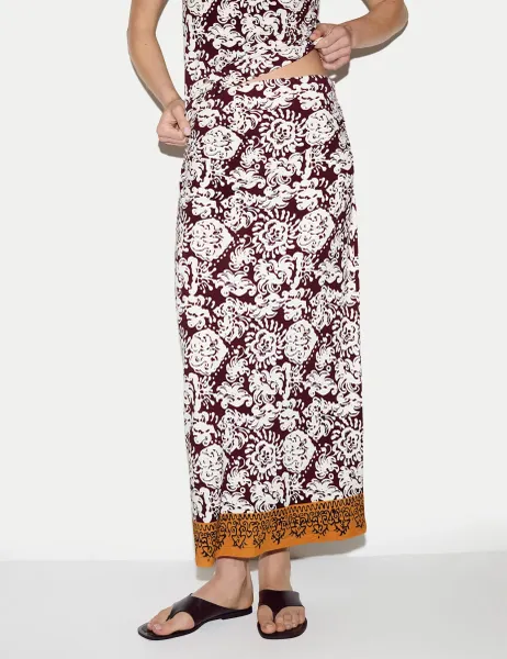 Jigsaw Jersey Floral Maxi A-Line Skirt Burgundy Mix
