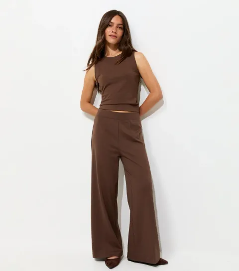 Women's Petite Dark Brown Jersey Wide Leg Trousers