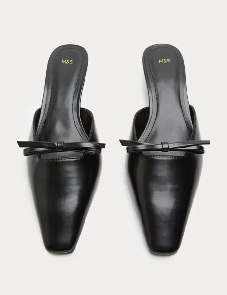Marks & Spencer Bow Detail Kitten Heel Square Toe Mules Black