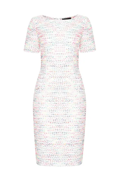 Multi Striped Ivory Summer Tweed Dress with Short Sleeves - Angie
