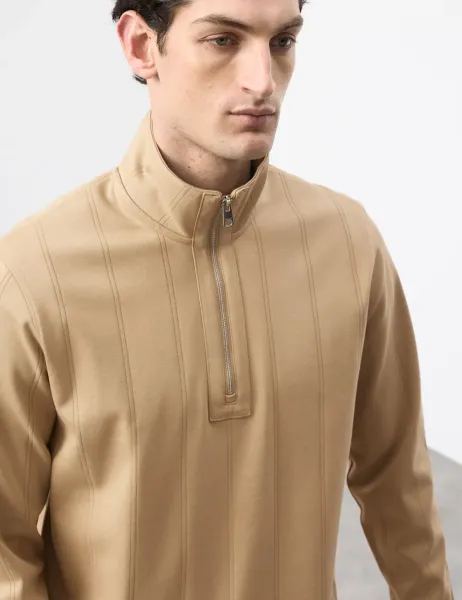 Autograph Pure Cotton Drop Needle Striped Half Zip Jacket Sand
