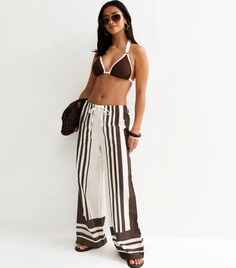 Women's Petite White and Brown Striped Beach Wide Leg Trousers
