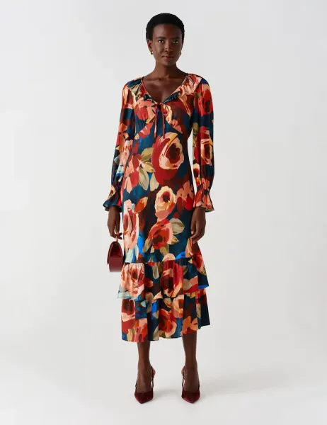 Ghost Crepe Floral V Neck Frill Midi Tiered Dress Pink Mix