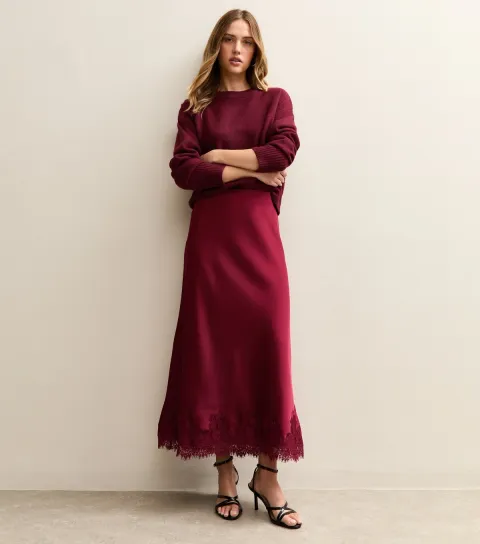 Women's Light Burgundy Contrast Lace Trim Satin Midaxi Skirt