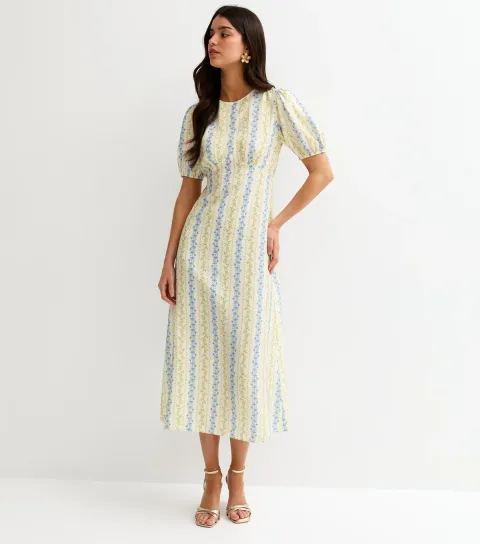Women's Cream Floral Puff Sleeve Midi Dress