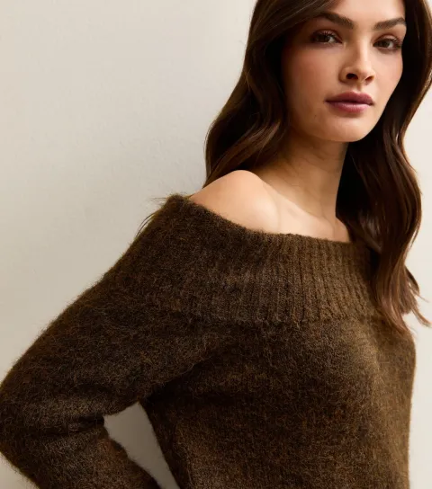 Women's Tall Dark Brown Bardot Knit Jumper