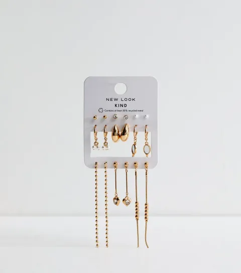 New Look Pack of 9 Gold Tone Mixed Stud Hoop and Drop Earrings