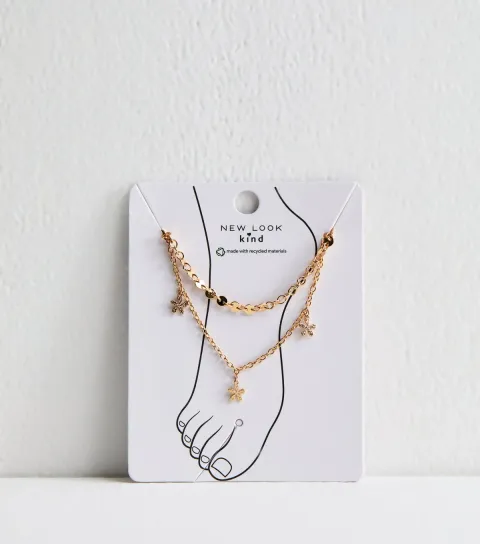 Pack of 2 Gold Tone Flower and Disc Chain Anklets