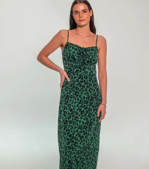 Women's Green Animal Print Strappy Midi Sundress