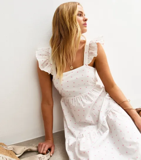 Women's White Floral Print Tie Back Tiered Midi Dress