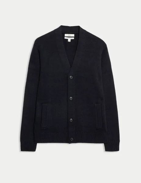 Marks & Spencer Lambswool Blend V-Neck Cardigan Dark Navy