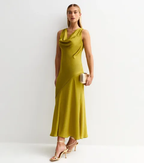 Women's Green Satin Cowl Neck Midaxi Dress