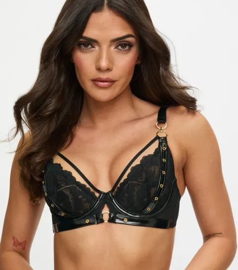 Women's Black Lace Buckle Detail Plunge Bra