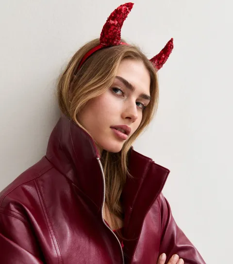 New Look Bright Red Halloween Sequin Embellished Devil Horns Headband
