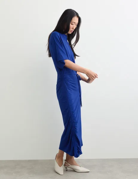 Jaeger Fluid Drape Cowl Neck Tie Detail Midi Waisted Dress Blue