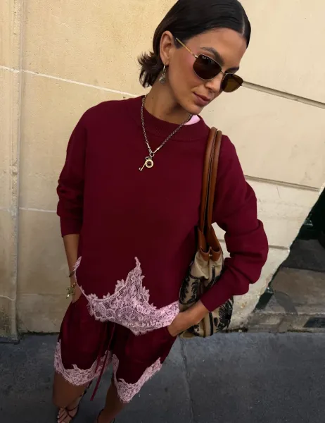 Never Fully Dressed Lace Detail Relaxed Jumper Burgundy Mix