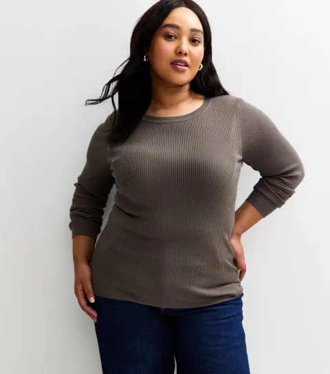 Women's Plus Size Mink Ribbed Knit Crew Neck Jumper Curves