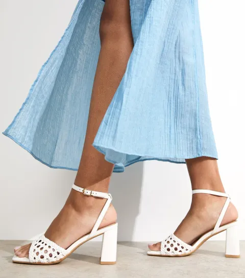 Women's White Faux Leather Woven Strap Block Heel Sandals