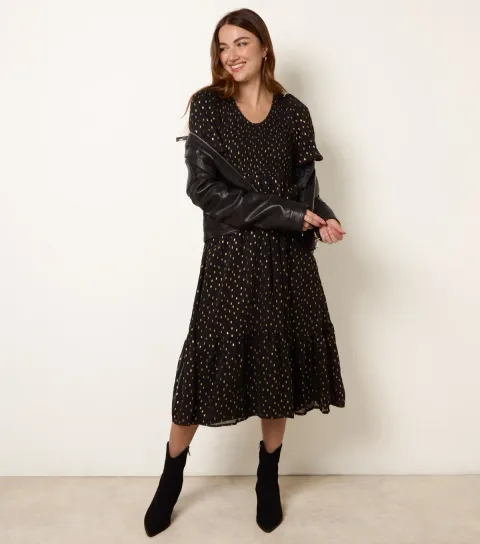 Women's Black and Gold Foil Midi Dress
