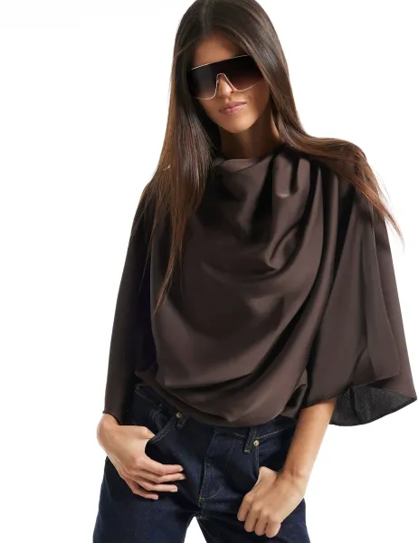 River Island High Neck Blouse Chocolate
