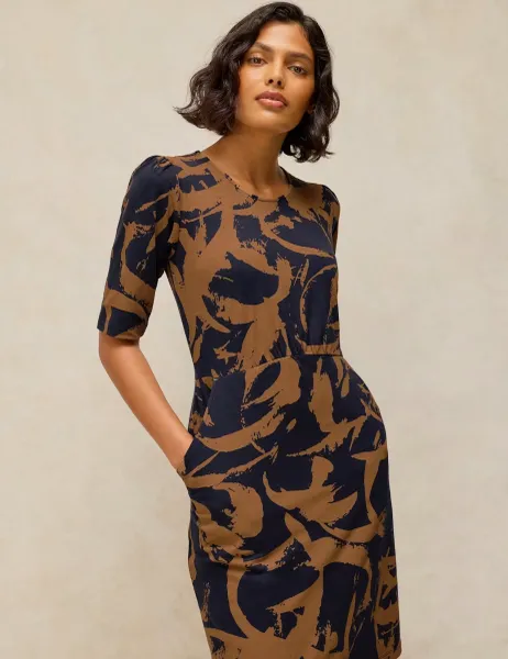White Stuff Olivia Cotton Rich Jersey Printed Waisted Dress Navy Mix