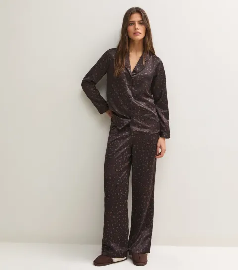 New Look Women's Brown Satin Animal Print Shirt and Trousers Pyjama Set