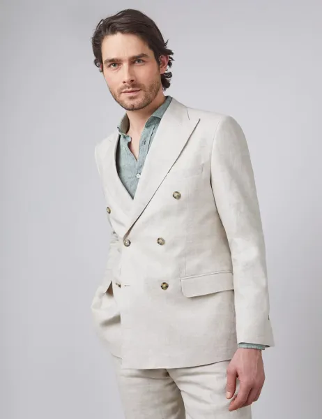 Hawes & Curtis Tailored Fit Linen Double Breasted Suit Jacket Cream
