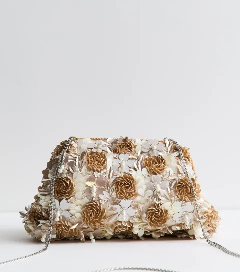 Brown Bead and Sequin Flower Shoulder Bag