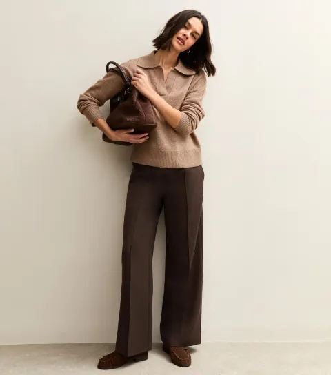 Women's Dark Brown Wide Leg Drawstring Trousers