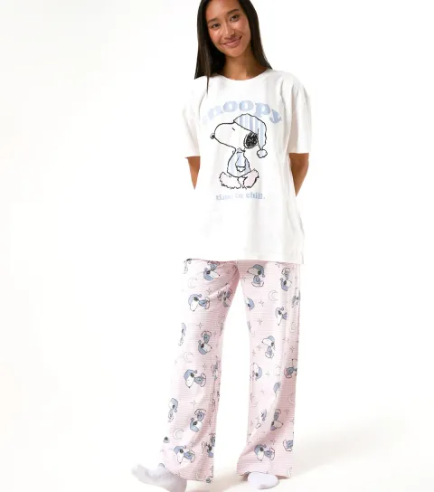 Skinnydip Women's White Cotton Snoopy Print T-Shirt and Trousers Pyjama Set With Eye Mask