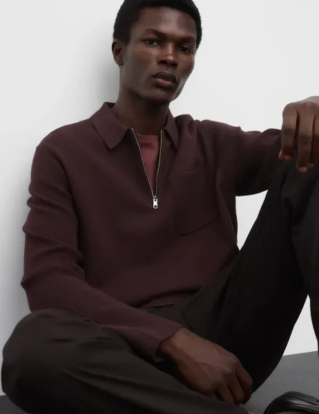 Autograph Half Zip Ribbed Long Sleeve Knitted Polo Shirt Teak