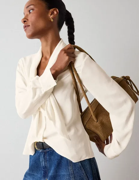 Whistles Crepe Tie Neck Button Through Blouse