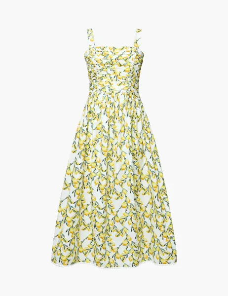 French Connection Pure Cotton Printed Midi Waisted Dress Yellow Mix