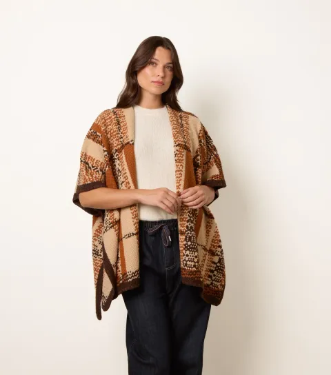 Blue Vanilla Brown Geometric Patchwork Poncho
