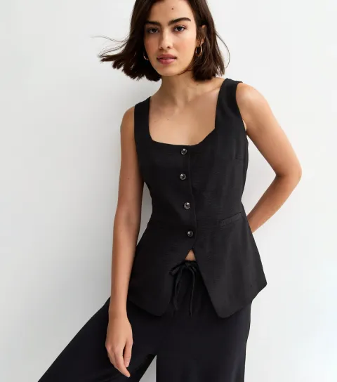 Women's Black Square Neck Button Down Waistcoat