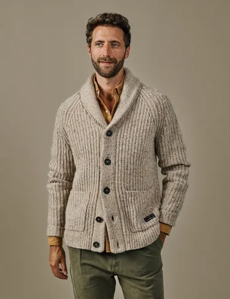 Aubin Merino Wool Rich Textured Funnel Neck Cardigan Natural