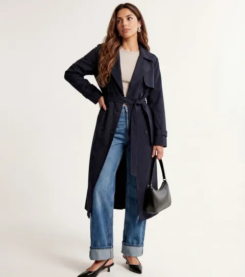 Women's Navy Striped Trench Coat