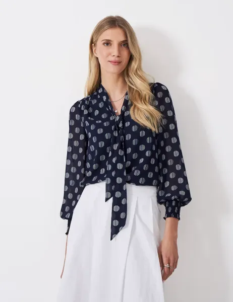 Crew Clothing Chiffon Spot Print Tie Neck Blouse Navy