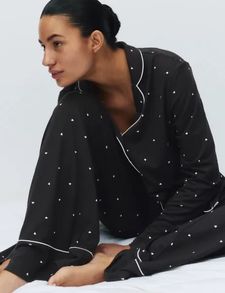 Marks & Spencer Soft Touch Printed Revere Pyjama Set Black Mix