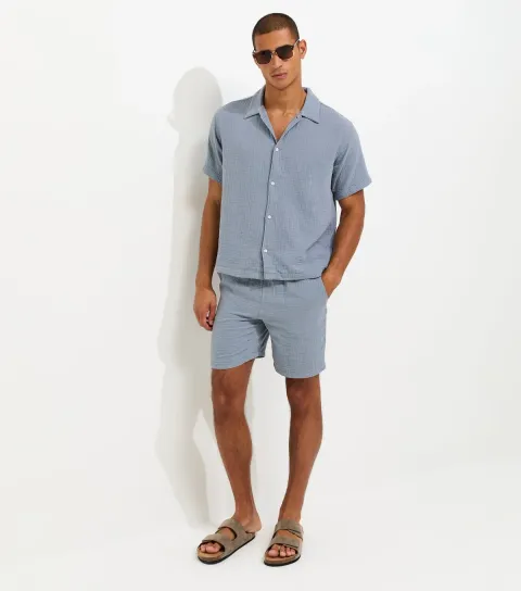 Men's Blue Cotton Seersucker Drawstring Shorts