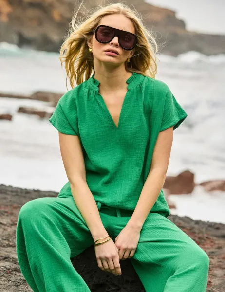 RO&ZO Pure Cotton V-Neck Frill Detail Relaxed Top Green