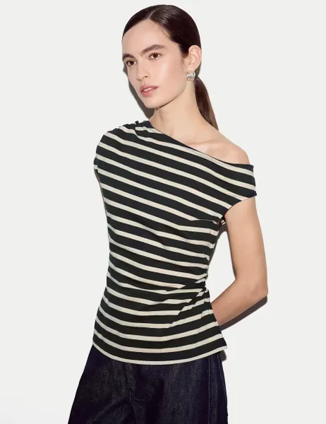 Jigsaw Pure Cotton Striped Off the Shoulder T-Shirt Navy Mix