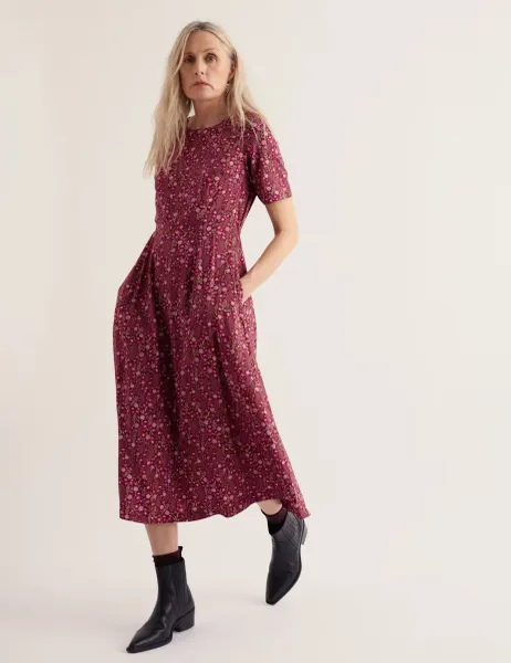 Seasalt Cornwall Floral Scoop Neck Midi Waisted Dress Red Mix